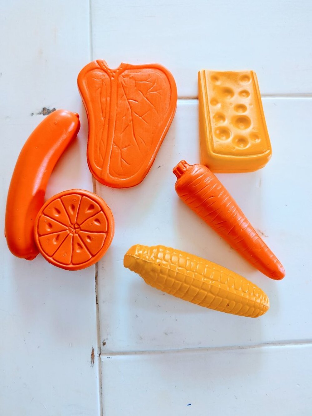 Set of 6 VTG 70s Large Plastic Play Food 5" Hot Dog Corn Carrot Steak Cheese
